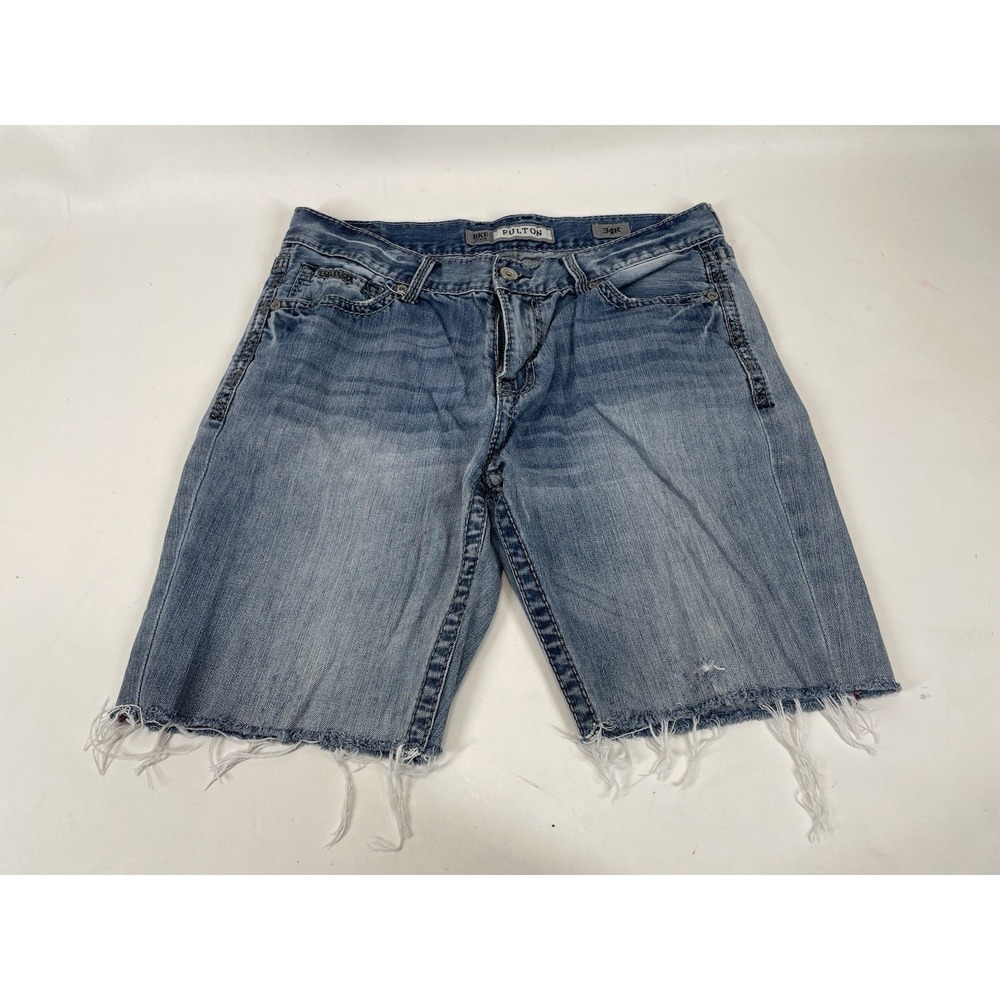 BKE Buckle Denim Fulton Jean Shorts Cut Off Jorts Whiskered Mens Size 34R